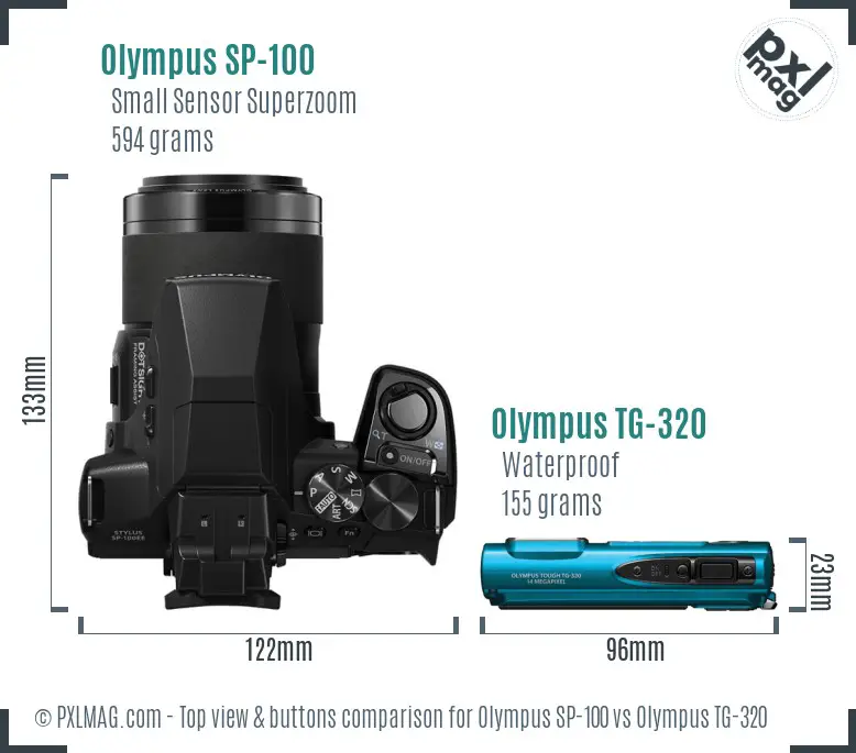 Olympus SP-100 vs Olympus TG-320 top view buttons comparison