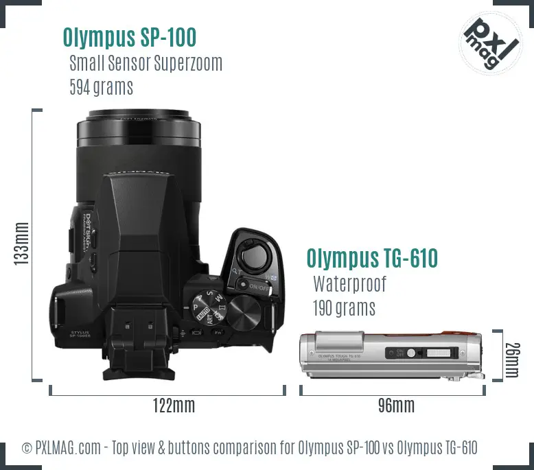 Olympus SP-100 vs Olympus TG-610 top view buttons comparison