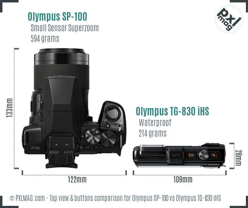 Olympus SP-100 vs Olympus TG-830 iHS top view buttons comparison