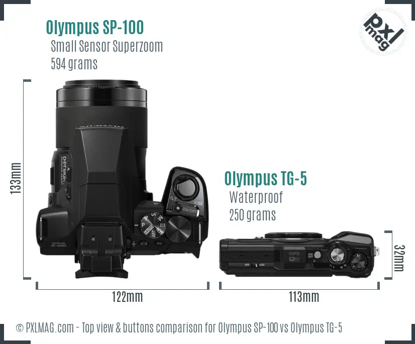 Olympus SP-100 vs Olympus TG-5 top view buttons comparison