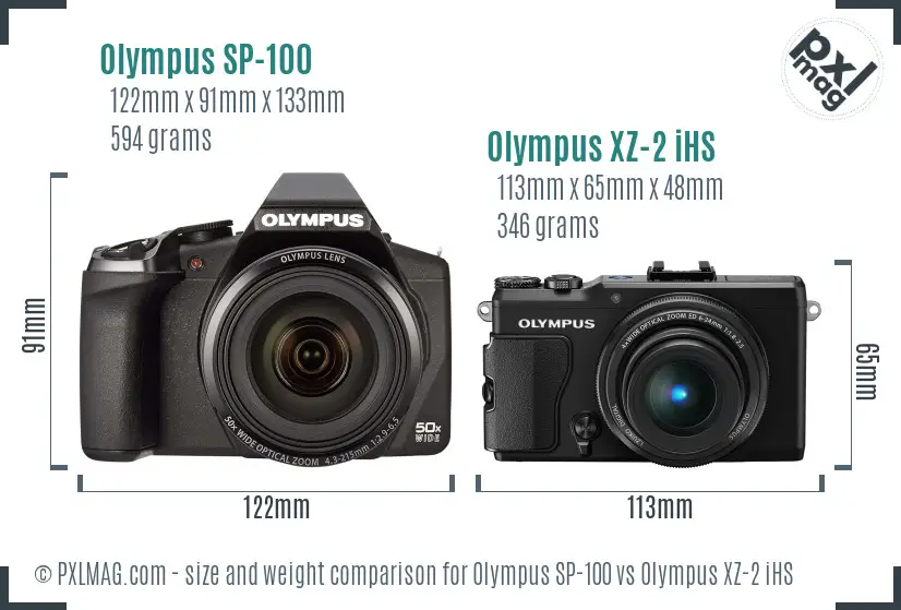 Olympus SP-100 vs Olympus XZ-2 iHS size comparison