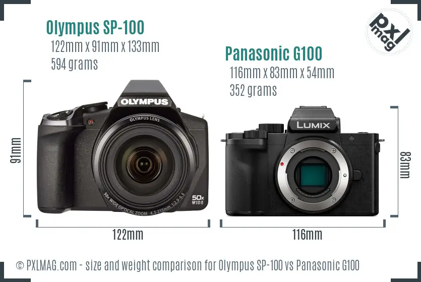 Olympus SP-100 vs Panasonic G100 size comparison