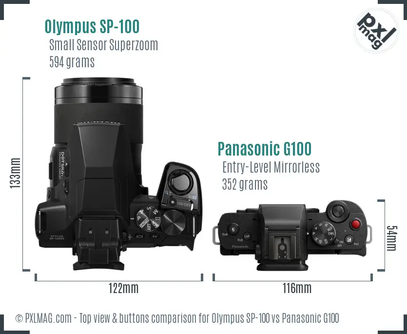 Olympus SP-100 vs Panasonic G100 top view buttons comparison