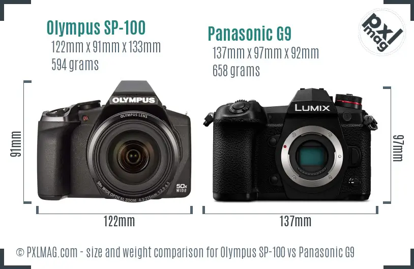 Olympus SP-100 vs Panasonic G9 size comparison