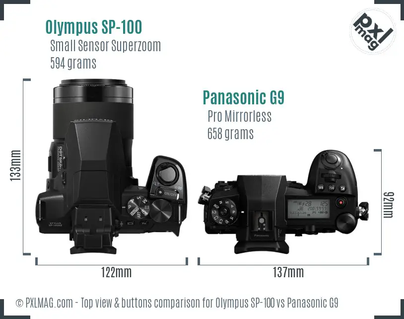 Olympus SP-100 vs Panasonic G9 top view buttons comparison