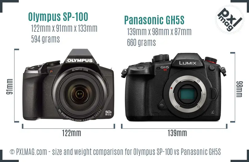 Olympus SP-100 vs Panasonic GH5S size comparison