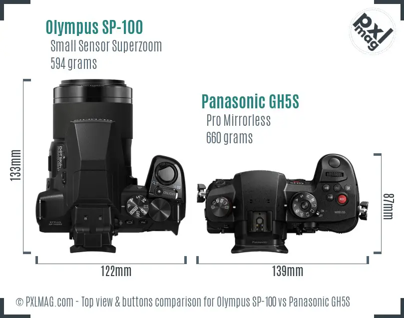 Olympus SP-100 vs Panasonic GH5S top view buttons comparison