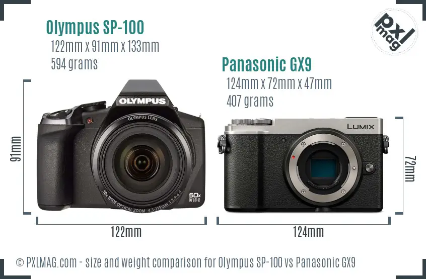 Olympus SP-100 vs Panasonic GX9 size comparison