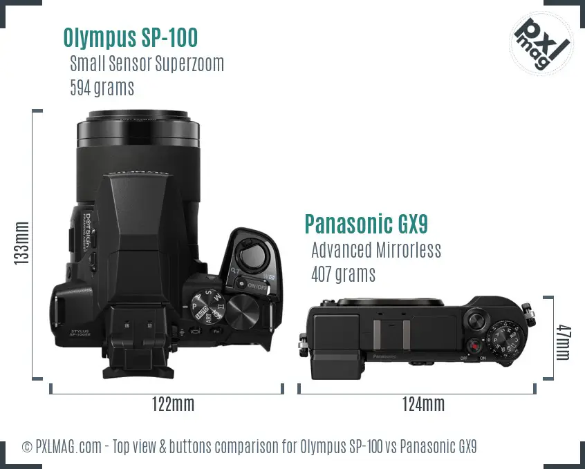 Olympus SP-100 vs Panasonic GX9 top view buttons comparison