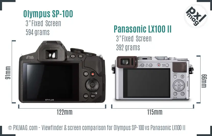 Olympus SP-100 vs Panasonic LX100 II Screen and Viewfinder comparison