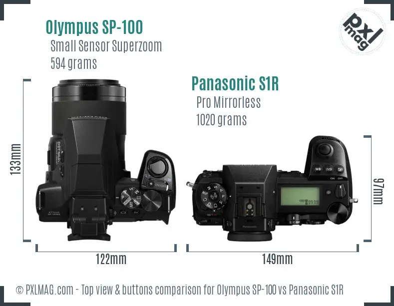Olympus SP-100 vs Panasonic S1R top view buttons comparison