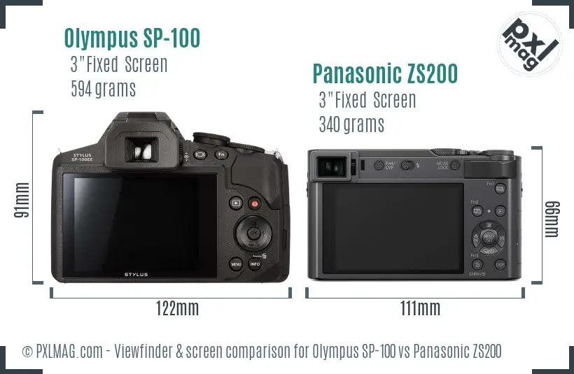 Olympus SP-100 vs Panasonic ZS200 Screen and Viewfinder comparison