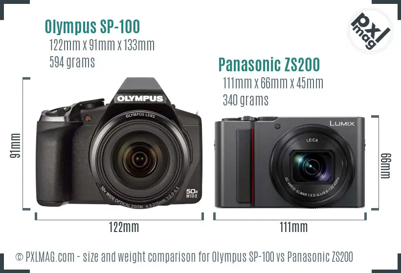 Olympus SP-100 vs Panasonic ZS200 size comparison