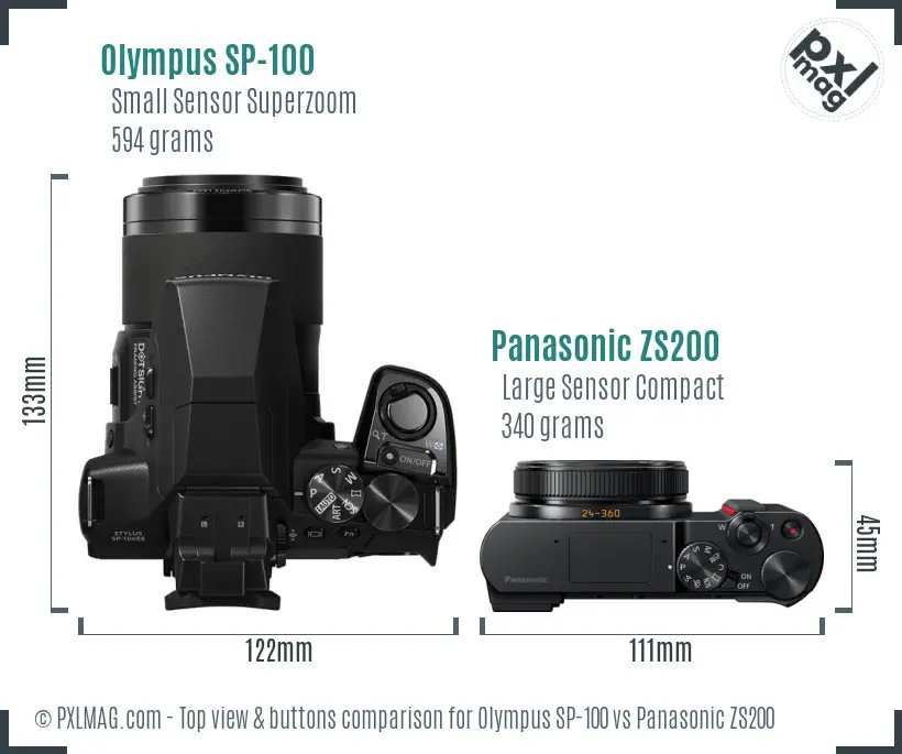 Olympus SP-100 vs Panasonic ZS200 top view buttons comparison