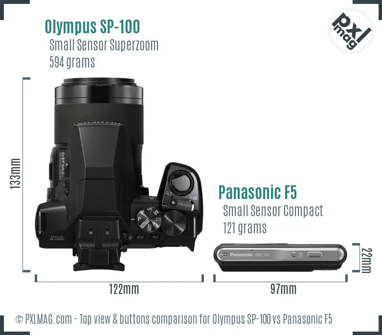 Olympus SP-100 vs Panasonic F5 top view buttons comparison