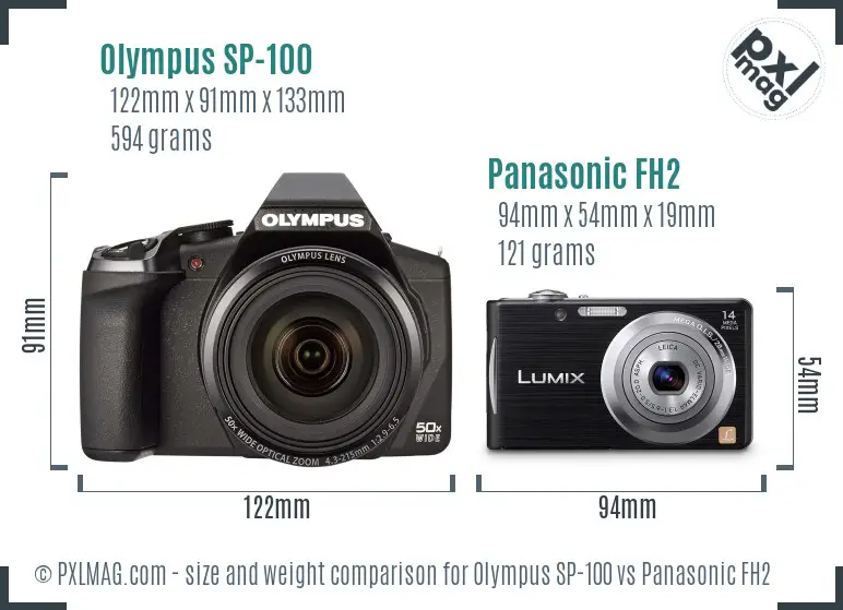 Olympus SP-100 vs Panasonic FH2 size comparison