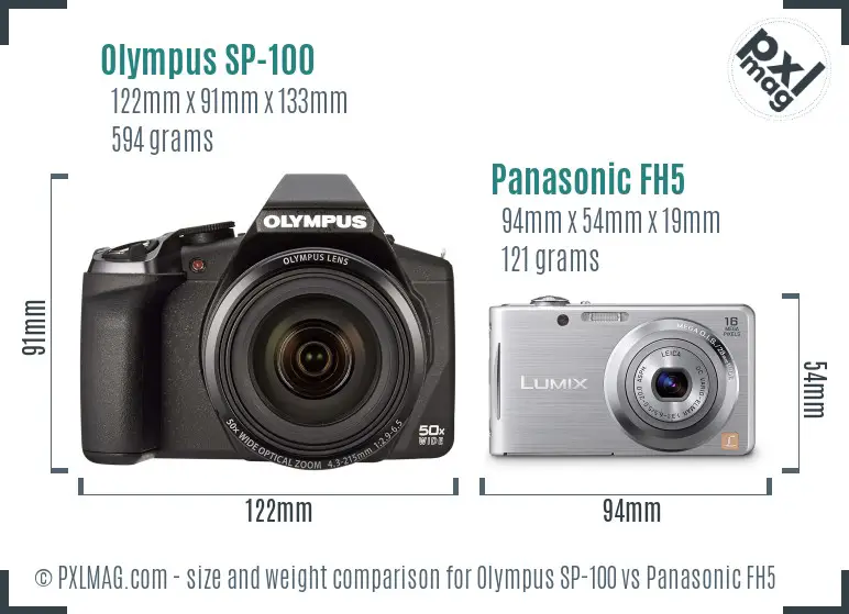 Olympus SP-100 vs Panasonic FH5 size comparison