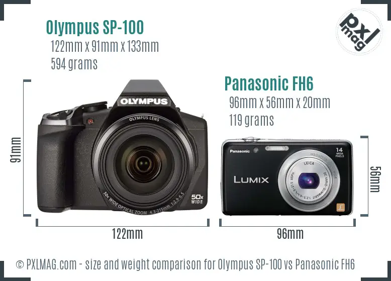 Olympus SP-100 vs Panasonic FH6 size comparison