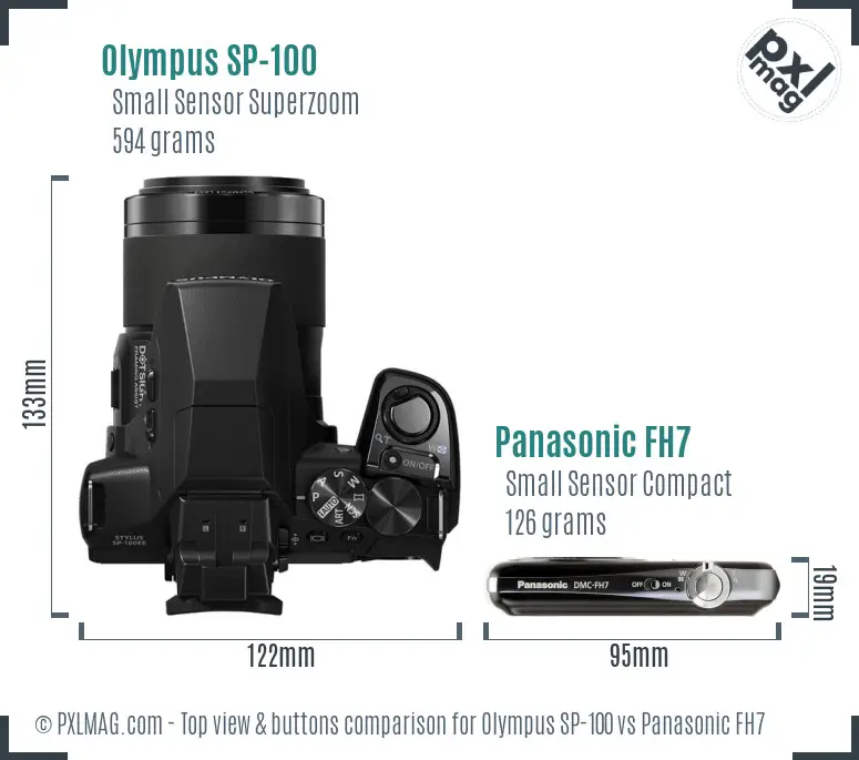 Olympus SP-100 vs Panasonic FH7 top view buttons comparison