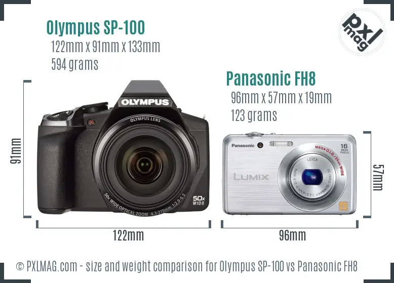 Olympus SP-100 vs Panasonic FH8 size comparison