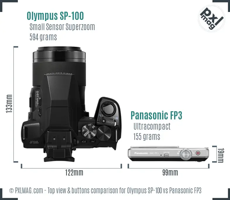 Olympus SP-100 vs Panasonic FP3 top view buttons comparison