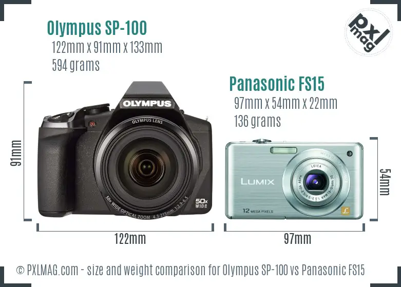 Olympus SP-100 vs Panasonic FS15 size comparison