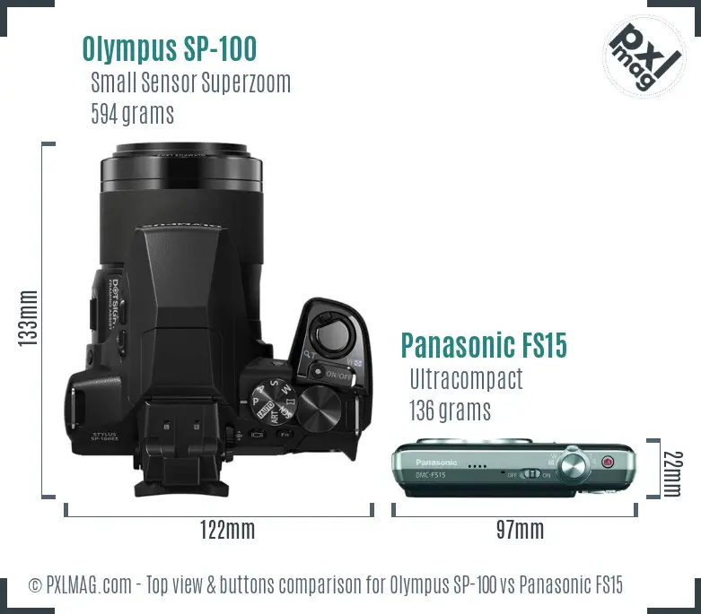 Olympus SP-100 vs Panasonic FS15 top view buttons comparison