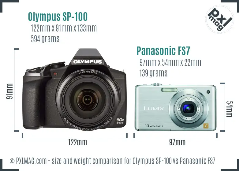 Olympus SP-100 vs Panasonic FS7 size comparison