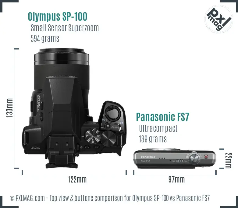 Olympus SP-100 vs Panasonic FS7 top view buttons comparison