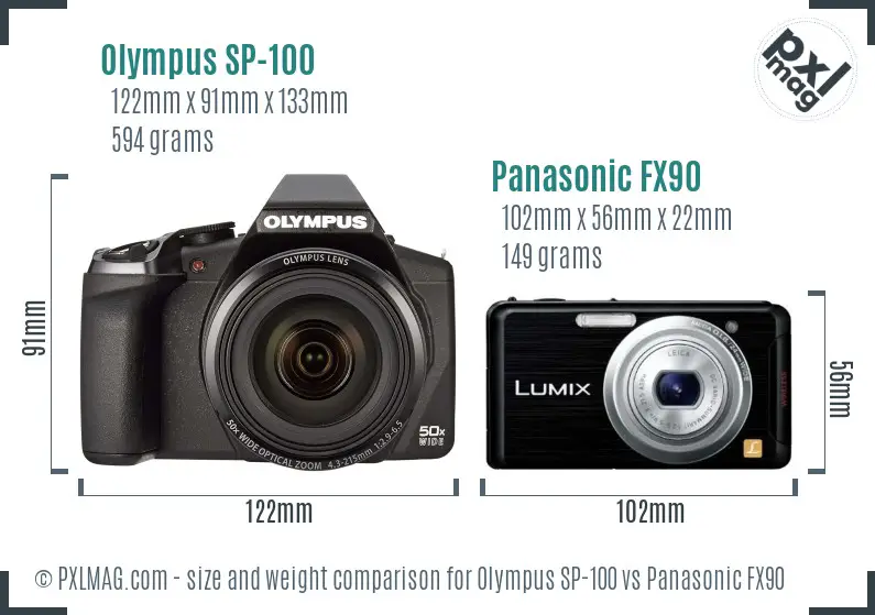 Olympus SP-100 vs Panasonic FX90 size comparison
