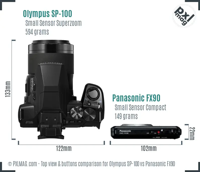 Olympus SP-100 vs Panasonic FX90 top view buttons comparison