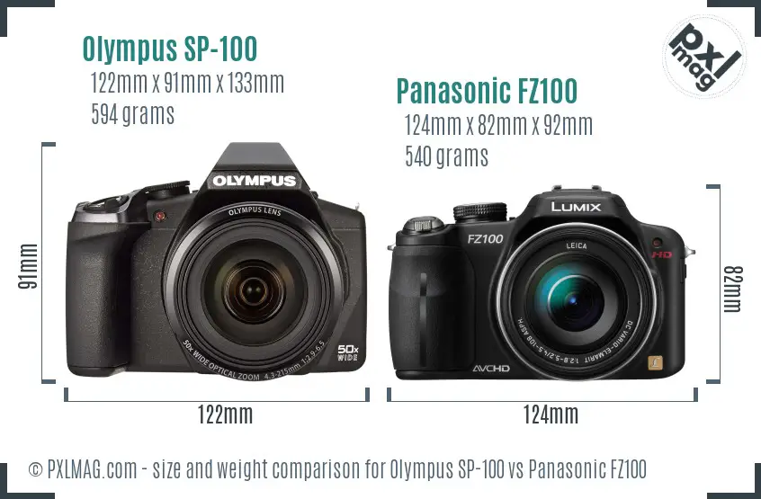 Olympus SP-100 vs Panasonic FZ100 size comparison