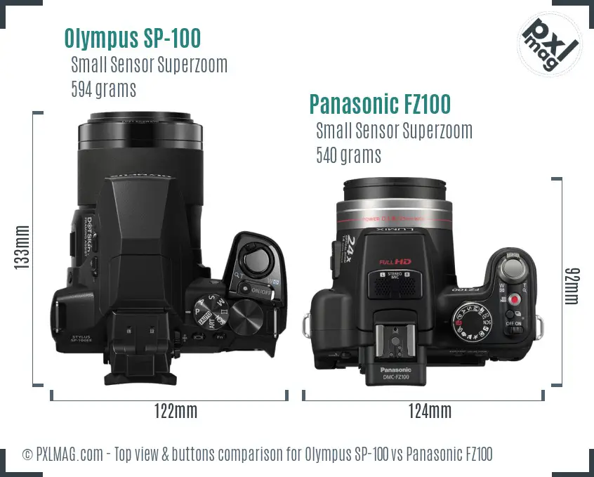 Olympus SP-100 vs Panasonic FZ100 top view buttons comparison