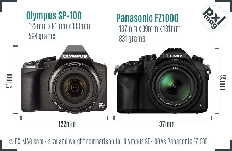 Olympus SP-100 vs Panasonic FZ1000 size comparison