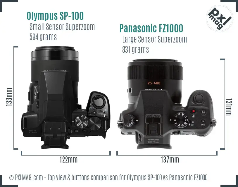 Olympus SP-100 vs Panasonic FZ1000 top view buttons comparison