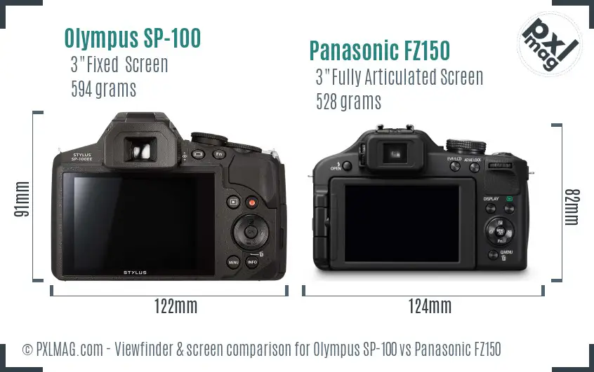 Olympus SP-100 vs Panasonic FZ150 Screen and Viewfinder comparison