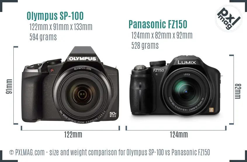 Olympus SP-100 vs Panasonic FZ150 size comparison