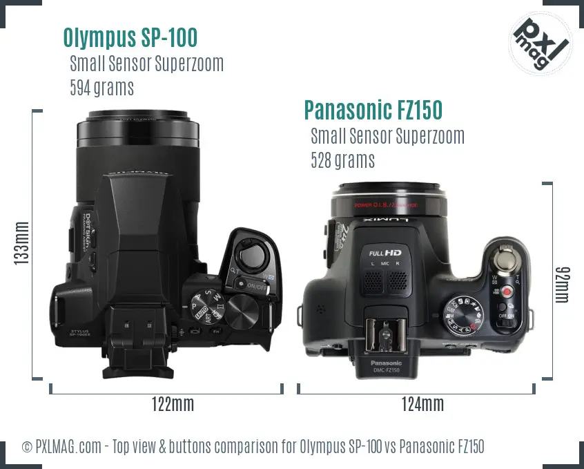 Olympus SP-100 vs Panasonic FZ150 top view buttons comparison