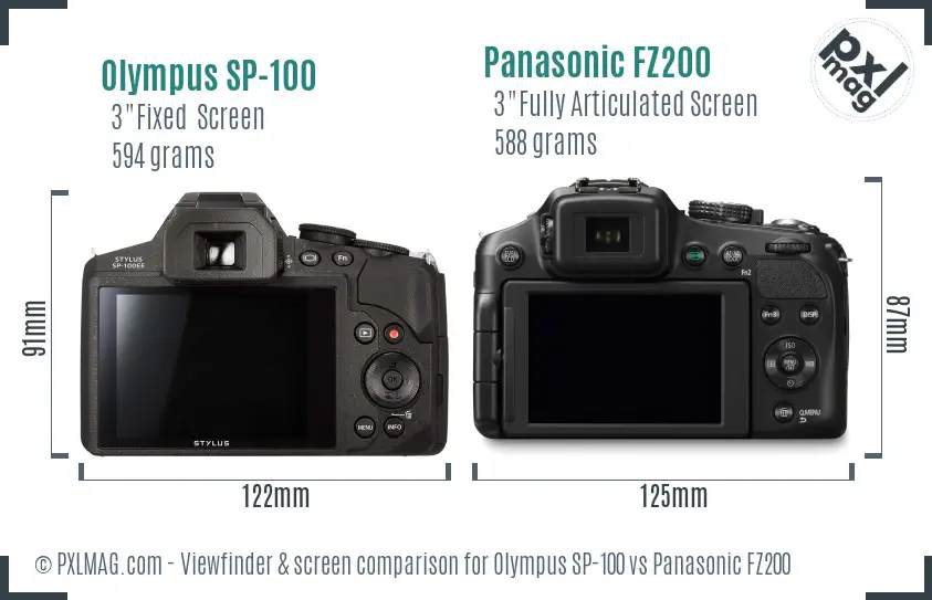 Olympus SP-100 vs Panasonic FZ200 Screen and Viewfinder comparison