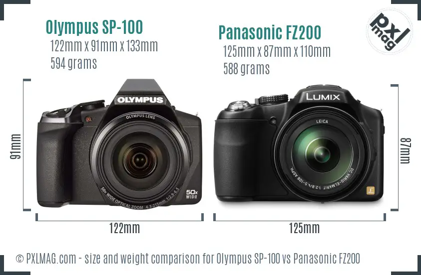 Olympus SP-100 vs Panasonic FZ200 size comparison