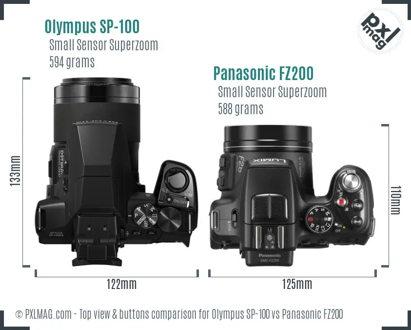 Olympus SP-100 vs Panasonic FZ200 top view buttons comparison
