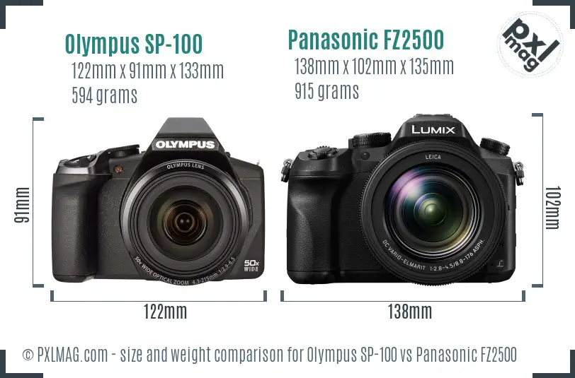 Olympus SP-100 vs Panasonic FZ2500 size comparison