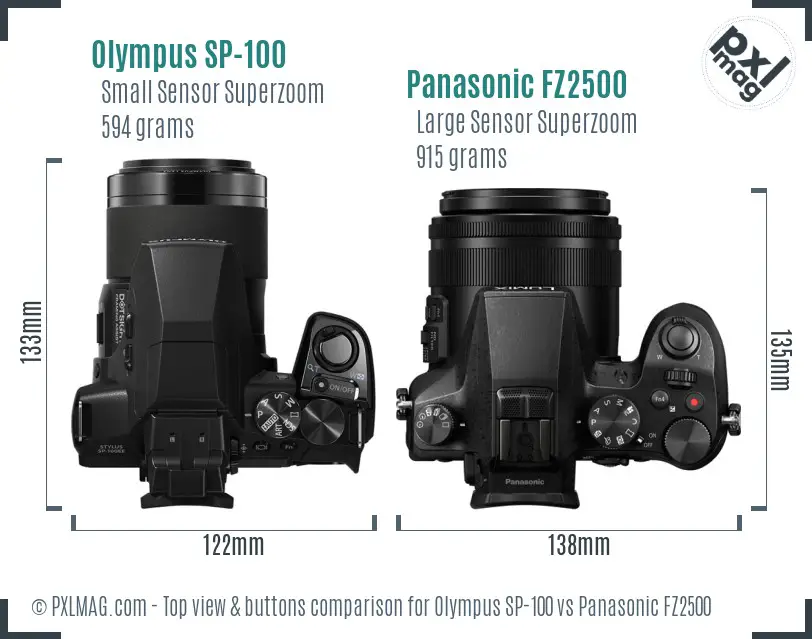 Olympus SP-100 vs Panasonic FZ2500 top view buttons comparison