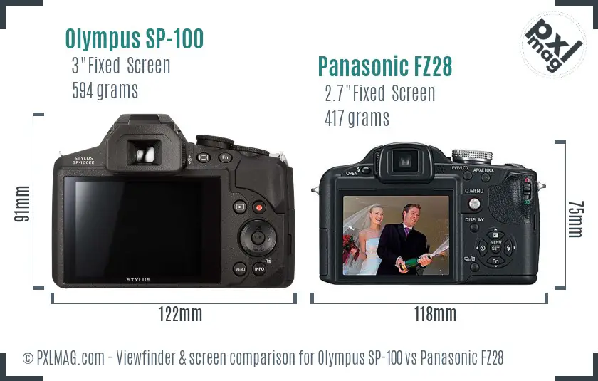 Olympus SP-100 vs Panasonic FZ28 Screen and Viewfinder comparison