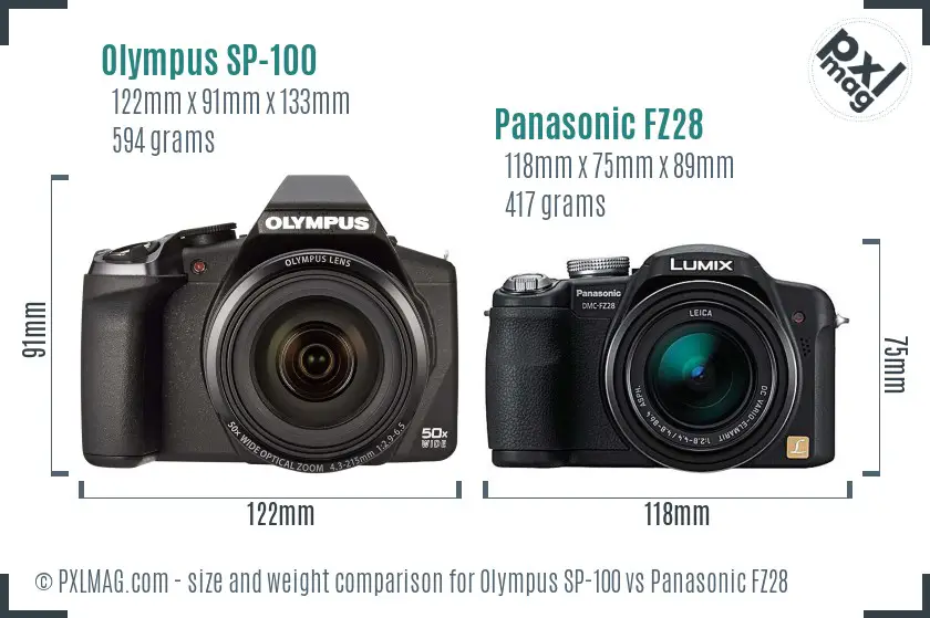 Olympus SP-100 vs Panasonic FZ28 size comparison