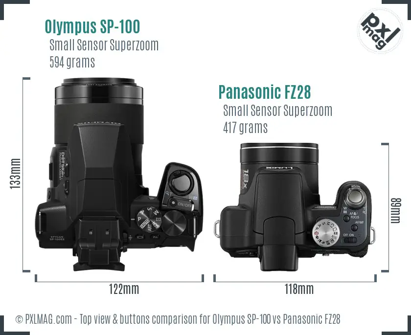 Olympus SP-100 vs Panasonic FZ28 top view buttons comparison