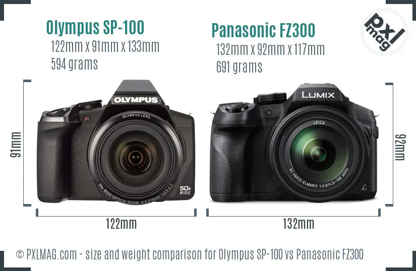 Olympus SP-100 vs Panasonic FZ300 size comparison