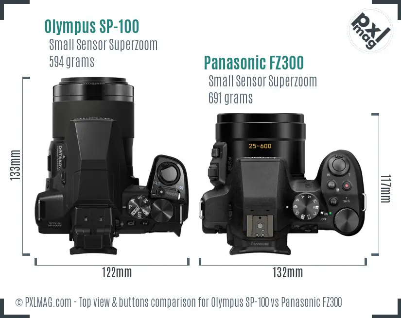 Olympus SP-100 vs Panasonic FZ300 top view buttons comparison