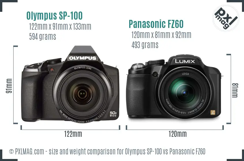 Olympus SP-100 vs Panasonic FZ60 size comparison