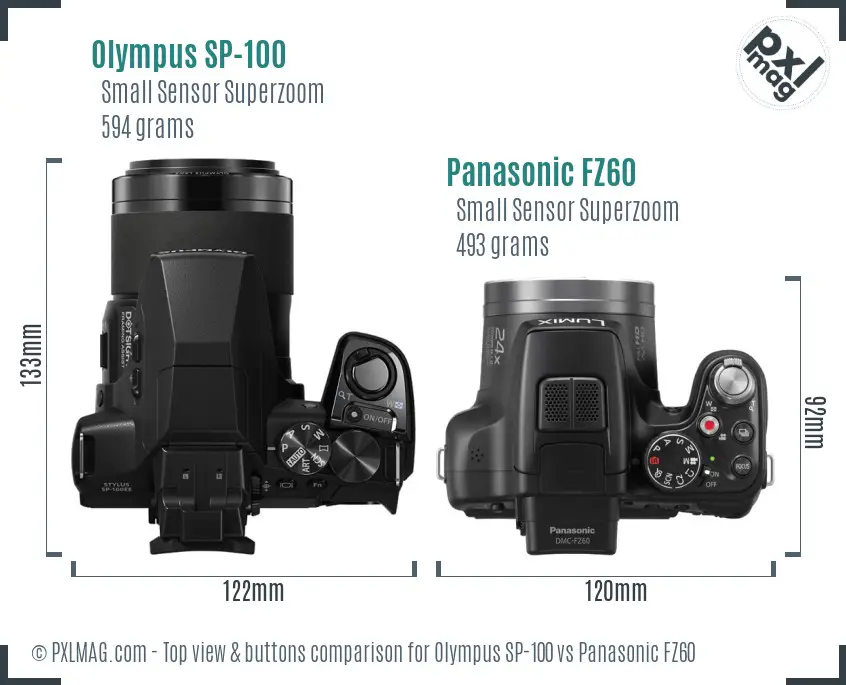 Olympus SP-100 vs Panasonic FZ60 top view buttons comparison